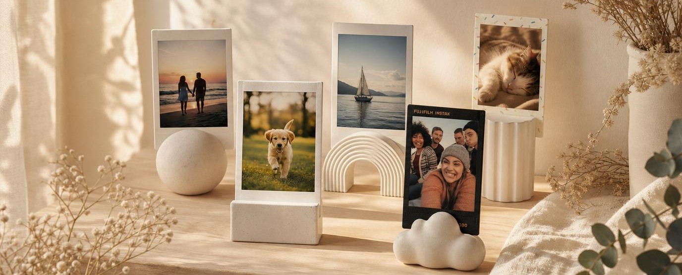 Jou Factory handcrafted Instax photo holders on a wooden shelf